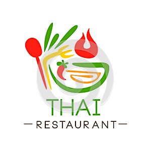 Thai restaurant logo design, authentic traditional continental food label vector Illustration on a white background