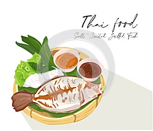 Thai Salt-Crusted Grilled Fish recipe vector on white background.