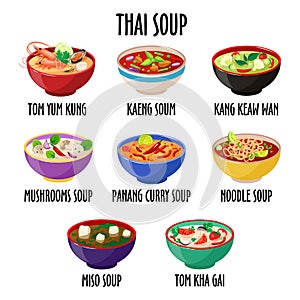Thai soup icon set, different dishes in colorful bowls isolated