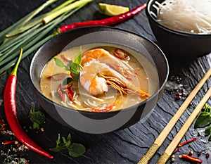 Thai soup with shrimp, coconut milk, chili, and rice noodles. Oriental cuisine, tom yum