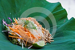 Thai Southern Rice Salad with Herb Vegetables on Lotus leaf with selective focus