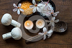 Thai spa composition treatments aroma therapy with candles and Plumeria flowers