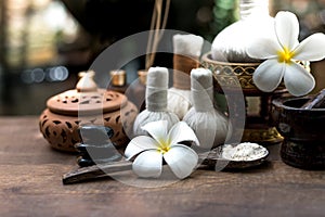 Thai Spa massage compress balls, herbal ball and treatment spa, relax and healthy care with flower, Thailand.