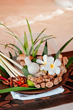 Thai spa treatment ingredient with herbs and herbal compress bal