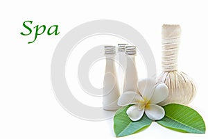 Thai Spa Treatments and massage flower on wooden and white background, banner, copy space.