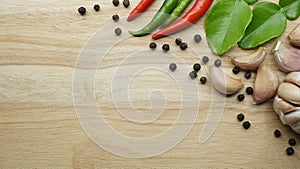 Thai spices ingredients on wooden table, Culinary concept background for recipe menu with copy space