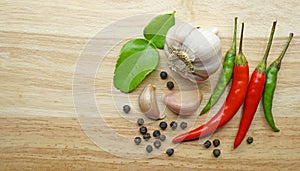 Thai spices ingredients on wooden table, Culinary concept background for recipe menu with copy space