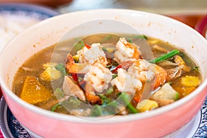 Thai Spicy Mixed Vegetable Soup with Prawns Kaeng Liang Goong Sod