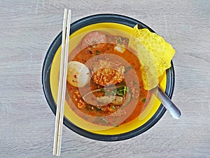 Thai spicy noodle with boiled eggs Thai:Tom Yum Seafood