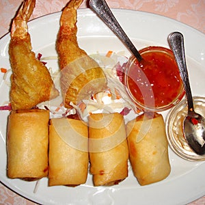 Thai spring rolls and fried shrimps