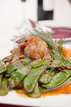 Thai stir fried snowpea with prawn.