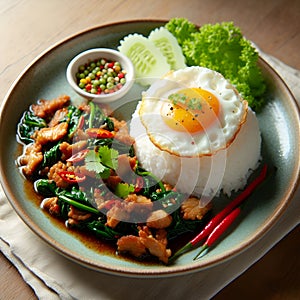 Thai Street Food Classic: Rice, Crispy Pork, Basil, and Fried Egg.