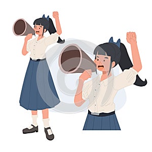 Thai student girl is using a megaphone to announce something. learning, education concept. Vector illustration