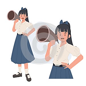 Thai student girl is using a megaphone to announce something. learning, education concept. Vector illustration