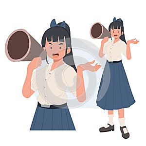 Thai student girl is using a megaphone to announce something. learning, education concept. Vector illustration