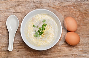 Thai style breakfast with pork and soft-boiled egg