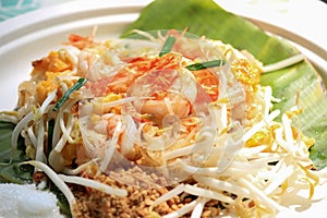 Thai style food, Pad Thai placed on banana leaves, use paper plates, biodegradable