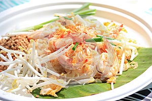 Thai style food, Pad Thai placed on banana leaves, use paper plates, biodegradable