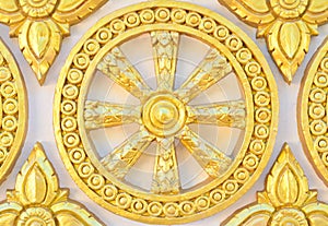 Thai style golden molding wheel of life pattern