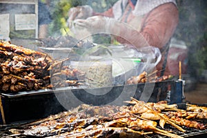 Thai style Isaan street food vendor cart,grilled chicken,catfish and grilled chicken liver on a charcoal stove with smoke at