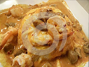 Thai Style Tom Yum Sauce Omelet with Shrimp and Mushrooms