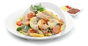 Thai Sukiyaki Stir Fried with Seafood Shrimps,Squids,Egg and Vegetables Carved Carrots flowers shape served Sauce