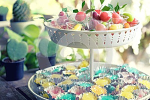 thai sweet colorful in the tiered tray wood talble