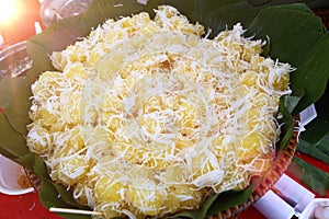 Thai sweet dessert, sugar plam cake coconut topping on banana green leaf, catering for special occasion