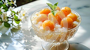 Thai tapioca pudding with cantaloupe in a glass bowl. Sago dessert with sweet orange melon. Concept of Thai cuisine