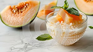 Thai tapioca pudding with cantaloupe in a glass bowl. Sago dessert with sweet orange melon. Concept of Thai cuisine