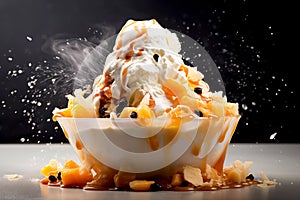 Thai tea Bingsu ice cream with sweet toppings whipped cream, caramel and dried fruits korean shaved ice dessert Generative AI