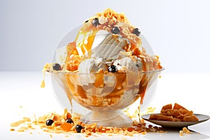 Thai tea Bingsu ice cream whipped cream, caramel and dried fruits korean shaved ice dessert Generative AI