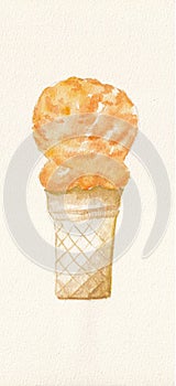 Thai-Tea ice cream in waffle cone on white background. Watercolor