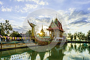 Thai Temple on Suphannahong Boat At Wat Pa Suphan Hong in the evening, Sisaket Province, Thailand