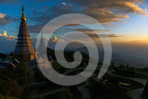 Thai temple on the top of mountain in chiangmai,Thailand. Landmark twin pagoda in doi Inthanon national park