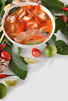 Thai Tom Yum Goong or spicy tom yum soup with prawns shrimps