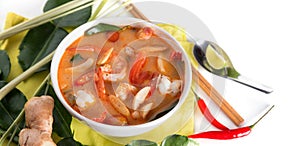 Thai Tom Yum Goong or spicy tom yum soup with prawns shrimps