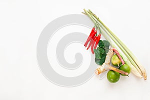 Thai Tom Yum Spicy Salad Thai herbs include galangal, lemon grass, kaffir lime leaves, chili paste on a white background