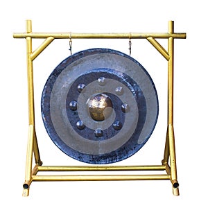 Thai traditional antique black metal gong. Metal steel drum isolated on white background with clipping path.