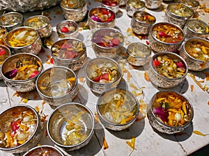 Thai traditional colorful flower in silver bowl for Songkran festival in thailand