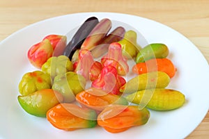 Thai Traditional Dessert Called Kanom-Look-Choup, Fruits and Vegetables Shaped Marzipan, Made from Stirred Mung Beans