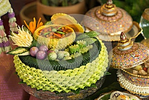 Thai traditional food, tasty shrimp paste sauce in the carved pumpkin bowl with mixed Thai vegetable, Nam Prik Kapi named in Thai