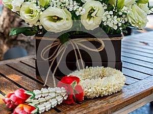 Thai traditional jasmine garland.symbol of Mother`s day in thailand with beautiful white flowers