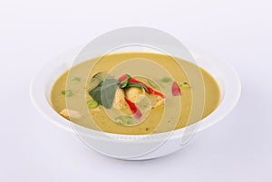 Thai traditional and popular food, Thai chicken green curry intense soup on white background.