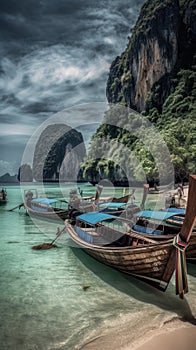 Thai traditional wooden longtail boat and beautiful sand Railay Beach in Krabi province. Ao Nang, Thailand. AI