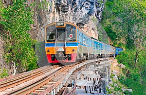 Thai Train on River Kwai Bridge of Kanchanaburi province, Thailand