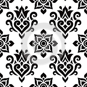 Thai vector seamless pattern with flowers, hearts and swirls, traditional ornament from Thailand in black on white background