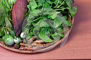 Thai vegetable, food ingredients and herbs in rattan basket