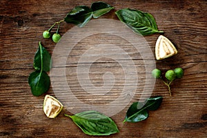 Thai vegetables circle frame on wooden table background