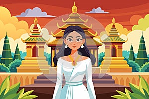 Thai woman in traditional white attire against backdrop of Buddhist temple. Graphic art. Concept of spirituality